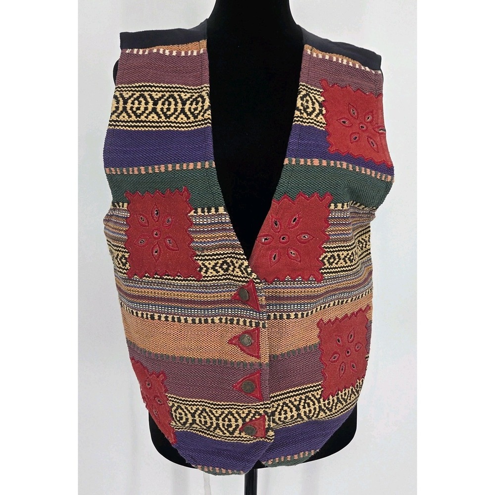 Vtg Jane Ashley Aztec Patchwork Vest Medium Mixed Material 10% Leather